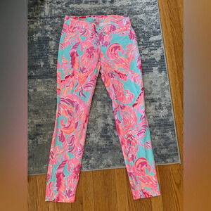 Lilly Pulitzer Kelly skinny ankle pants poolside blue lovebird print, SZ 0